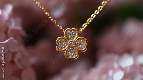 Elegant gold necklace with sparkling clover pendant glimmers against a blurre...
