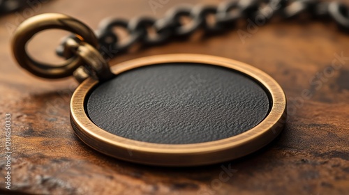 Pendant with black leather detail on an antique chain resting on wooden surface
