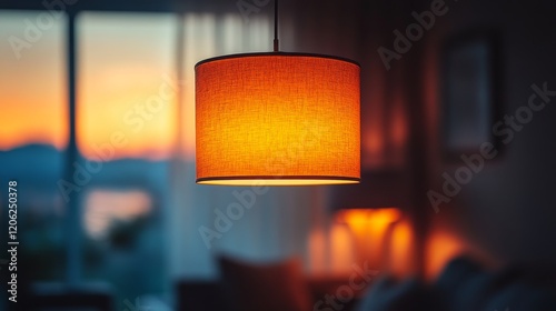 Warm glow from a hanging lamp illuminates a cozy room during sunset