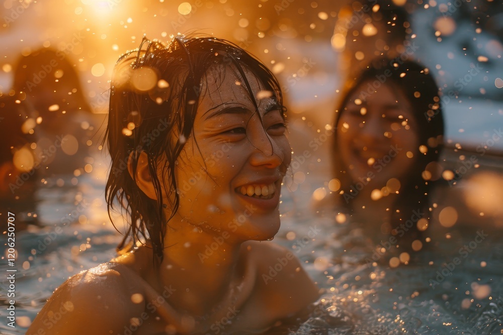 Obraz premium A group of friends of Nordic and Asian descent enjoy a geothermal-powered cold plunge tub, surrounded by falling snowflakes.