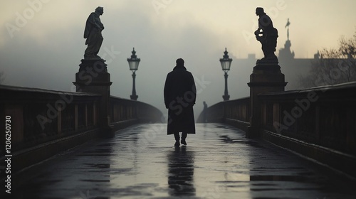 Man Walking Alone on a Historic Bridge Shrouded in Morning Mist photo