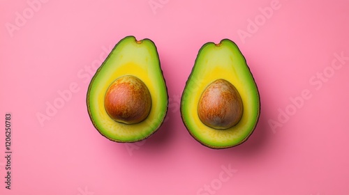 Avocado halves are displayed on a rustic wooden table, showcasing their cream...