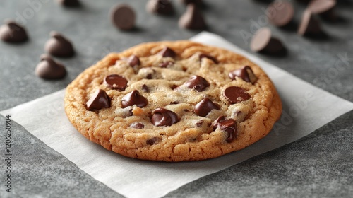 Delicious chocolate chip cookie resting on parchment paper in a cozy kitchen