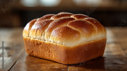 Freshly baked loaf of soft bread on wooden table in rustic kitchen setting
