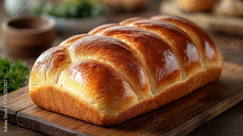 Freshly baked loaf of soft bread on wooden table in rustic kitchen setting
