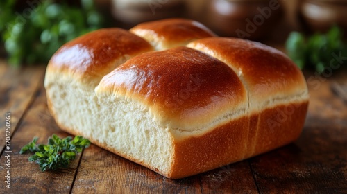 Freshly baked loaf of soft bread on wooden table in rustic kitchen setting