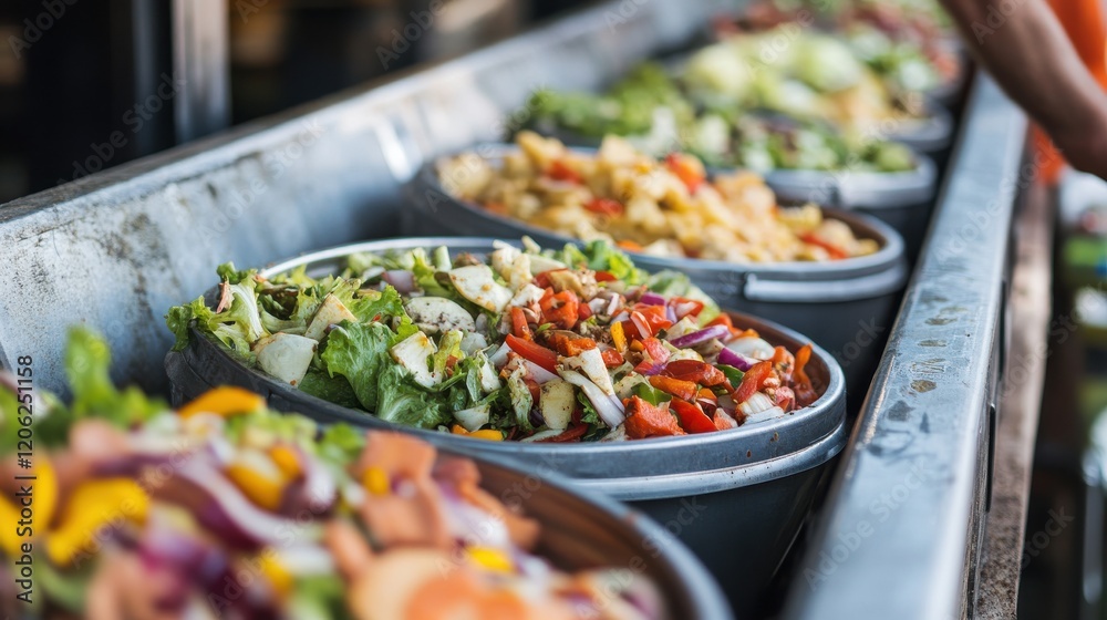 Fototapeta premium Colorful assortment of fresh salads displayed in large bowls at a vibrant outdoor market