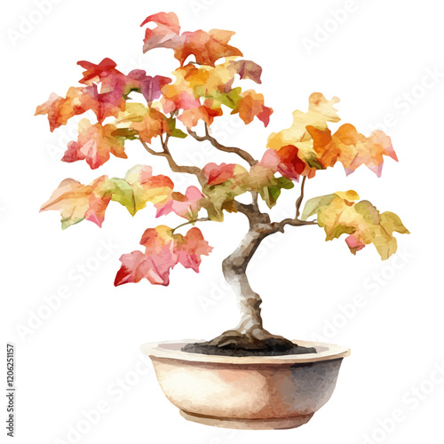 A watercolor vector of a trident maple bonsai, isolated on a white background. Trident maple bonsai vector.
