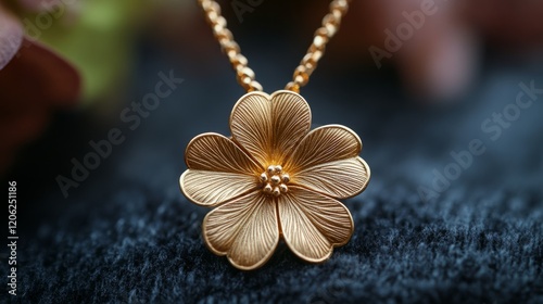 Gold flower pendant resting on a soft dark surface surrounded by a blurred ba...