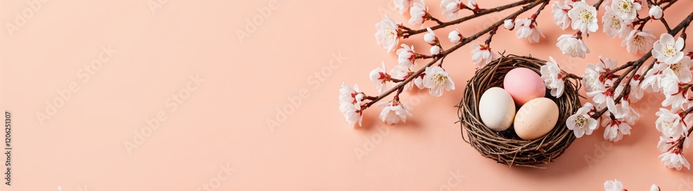 Eggs in Bird's Nest with Spring White Branches on pink pastel background. Composition with Copy Space. Happy Easter Concept for Design, Postcard, Banner. Eggs in Bird's Nest with Spring White Branches on pink pastel background. Composition with Copy Space. Happy Easter Concept for Design, Postcard, Banner.