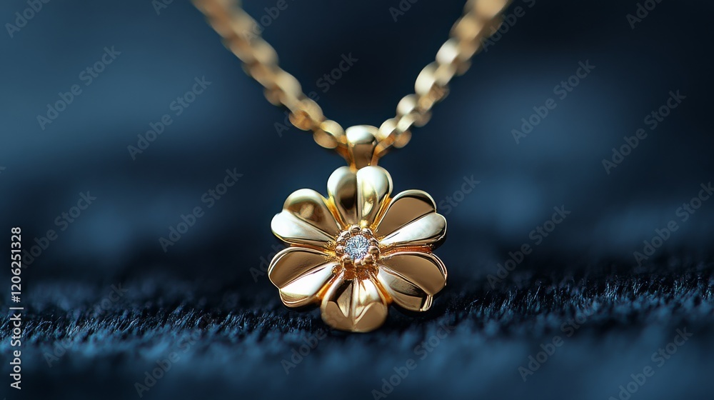 Fototapeta premium Elegant gold flower pendant necklace resting on soft black fabric in a close-up view