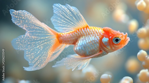 Close-up of a shimmering fish tail adorned with glistening water droplets in ...