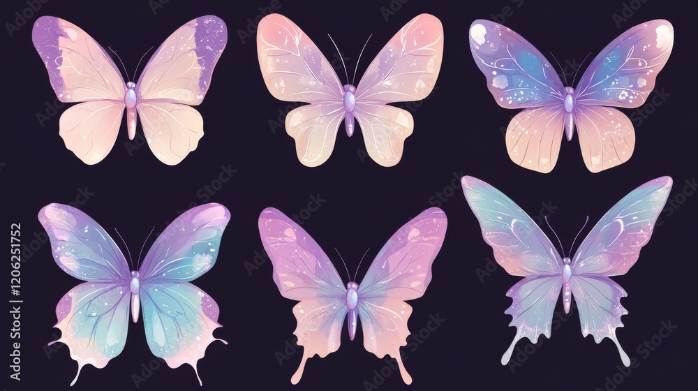 Fototapeta premium Pastel butterfly stickers, decorative design elements vector set, soft colorful illustrations for crafts, scrapbooking, and stationery