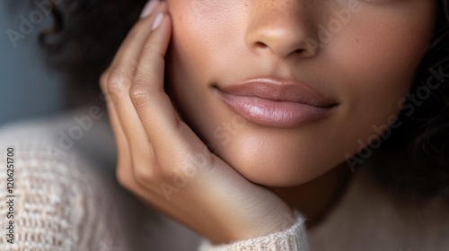 Close-Up of Woman’s Lips and Hand in Soft Natural Light photo
