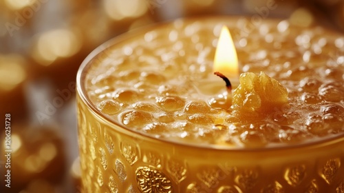 Elegant candle with intricate design illuminating a cozy setting during a pea...