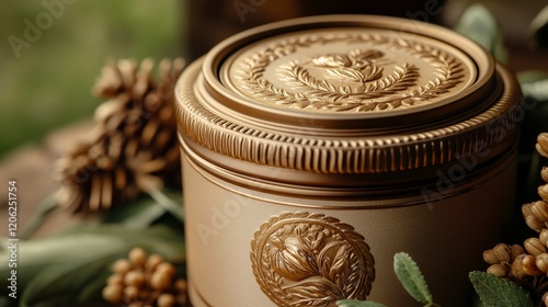 Elegant candle with intricate design illuminating a cozy setting during a pea...