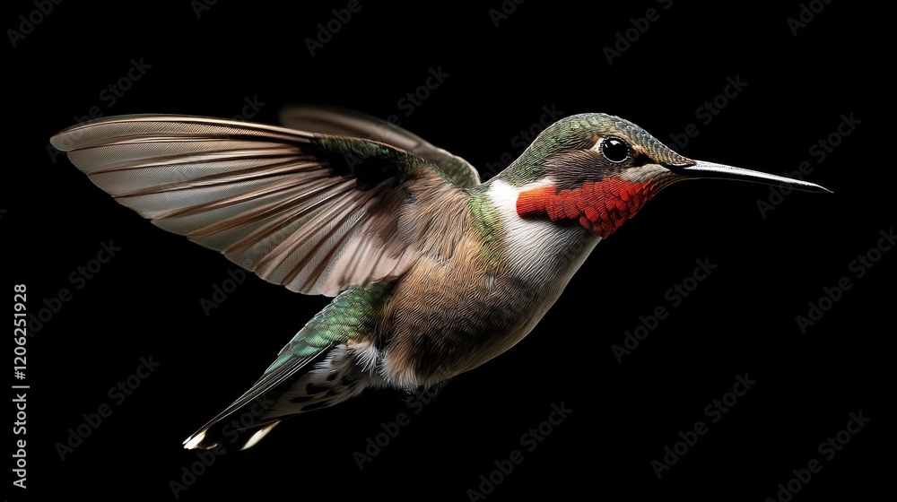 Fototapeta premium A vibrant hummingbird captured in mid-flight, displaying iridescent feathers and a bright red throat, elegantly hovering against a dark, minimalist background.