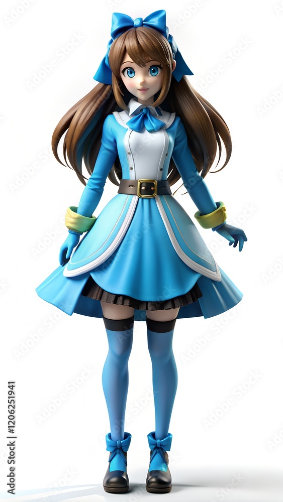Game character dressed in a cute blue outfit with long hair and cheerful expression standing confidently in a vibrant setting during a bright day Game character dressed in a cute blue outfit with long hair and cheerful expression standing confidently in a vibrant setting during a bright day