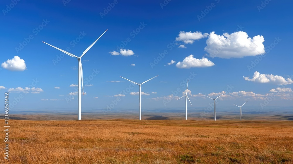 Wind turbines generate clean energy in a vast, sunny field Wind turbines generate clean energy in a vast, sunny field