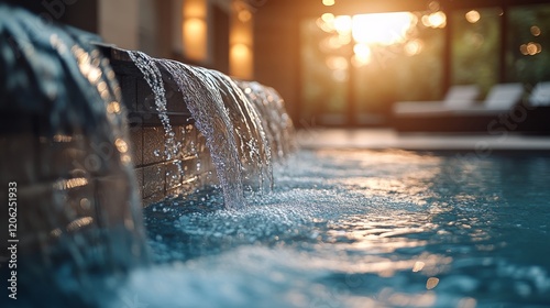 Splashing water droplets create a refreshing atmosphere in a sunny pool setti...