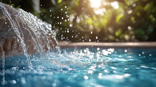Splashing water droplets create a refreshing atmosphere in a sunny pool setti...