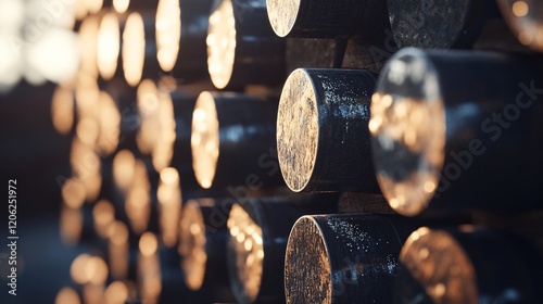 Close-Up of Wooden Wine Barrels Illuminated by Warm Sunlight photo