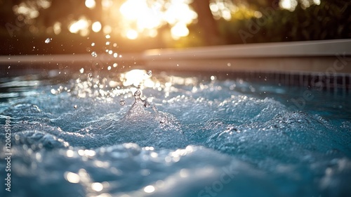 Splashing water droplets create a refreshing atmosphere in a sunny pool setti...