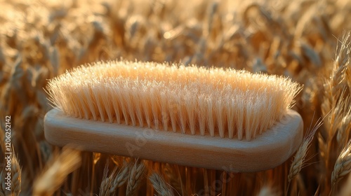 Close-up of a frozen brush resting on frosty grass in a serene winter landscape