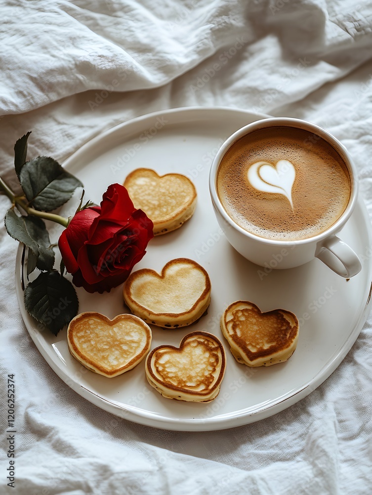 A breakfast tray with a heart-shaped pancake, coffee, and a red rose on white sheets creates a romantic vibe. Ideal for promoting food, beverages, or occasions like Valentine's Day and anniversaries. A breakfast tray with a heart-shaped pancake, coffee, and a red rose on white sheets creates a romantic vibe. Ideal for promoting food, beverages, or occasions like Valentine's Day and anniversaries.