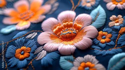 Close-up view of intricately embroidered fabric with floral patterns in vibra...