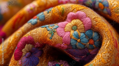 Close-up view of intricately embroidered fabric with floral patterns in vibra...