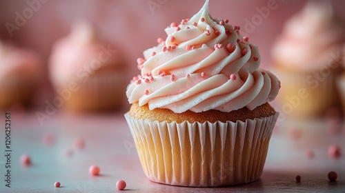 Pink frosted cupcake with sprinkles on a pastel background in a baking display