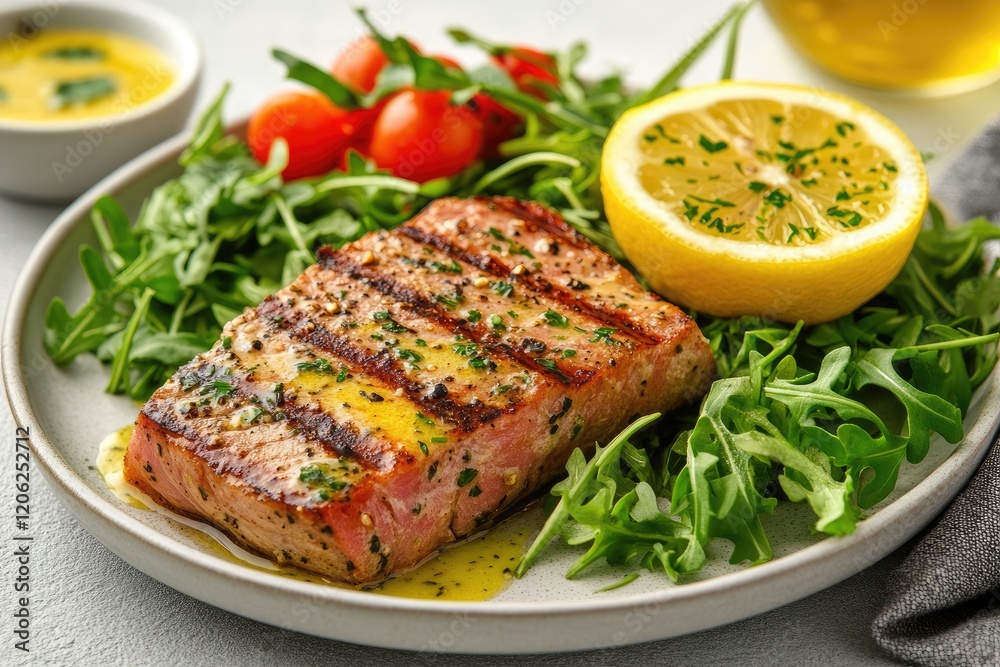 Grilled Tuna Steak on Arugula with Lemon and Tomatoes in a Gourmet Setting Grilled Tuna Steak on Arugula with Lemon and Tomatoes in a Gourmet Setting