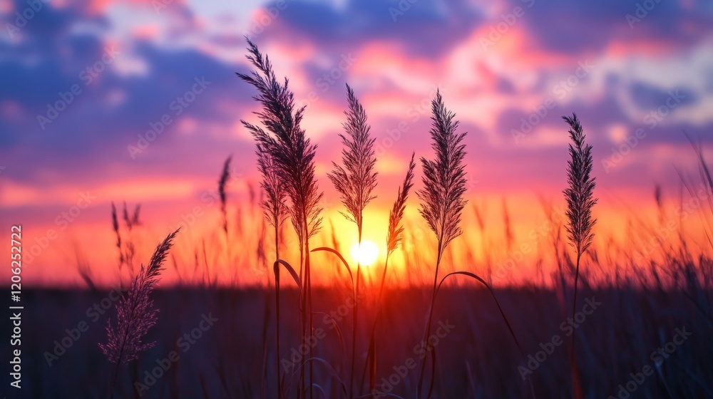 A tranquil scene of tall grass silhouetted against a vibrant sunset sky, capturing the essence of natural beauty and the peaceful end of a day in the wild. A tranquil scene of tall grass silhouetted against a vibrant sunset sky, capturing the essence of natural beauty and the peaceful end of a day in the wild.