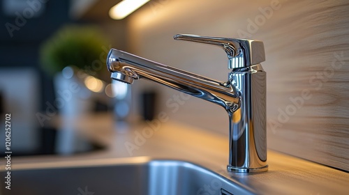 Modern kitchen faucet with stainless steel finish and wood backdrop