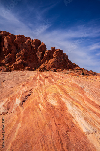 Breathtaking, spectacular view of red mountains at the Pine Creek Canyon stop. The world famous Scenic Drive road, a 13 mile loops that allow tourist experience all of the high, low level photo