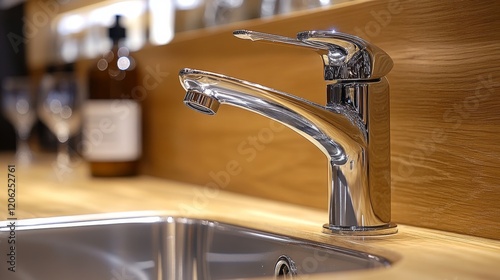 Modern kitchen faucet with stainless steel finish and wood backdrop