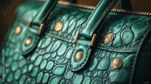 Close-up of a green textured leather bag with a golden zipper showcasing intr...