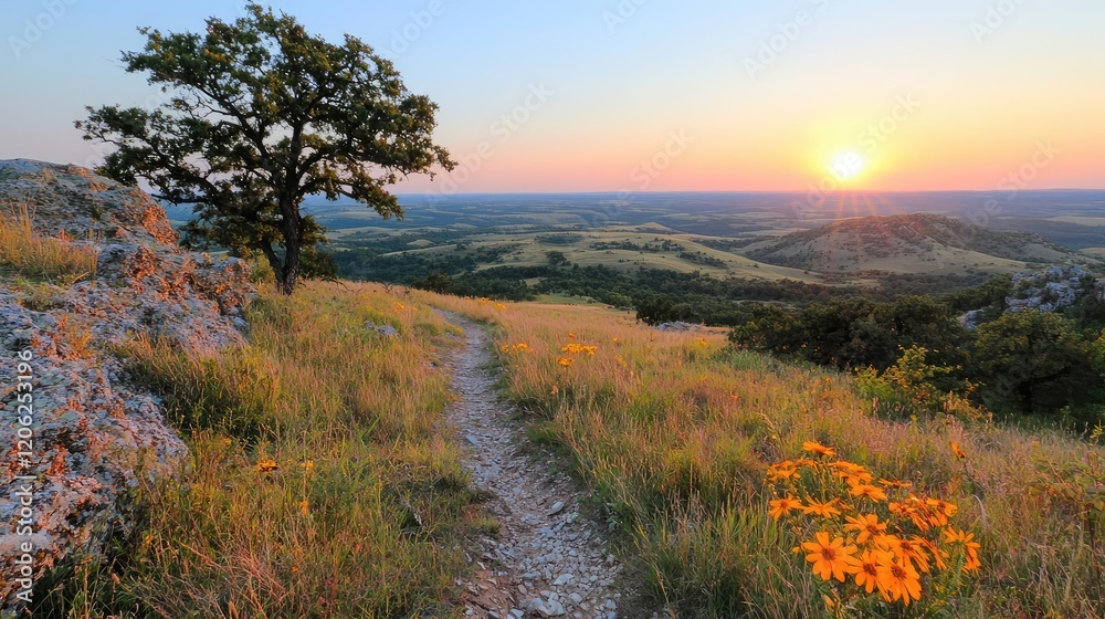 Sunset hike scenic hilltop trail prairie landscape Sunset hike scenic hilltop trail prairie landscape