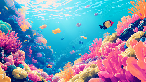 Fototapeta Naklejka Na Ścianę i Meble -  A vibrant marine scene, home to a variety of colorful fish in a coral reef environment. Vibrant Reef. Illustration