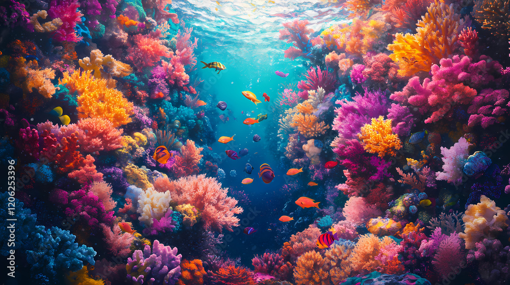 A vibrant underwater scene showcasing a diverse coral reef teeming with colorful fish and marine life, with plenty of light solid color background. Vibrant Reef. Illustration