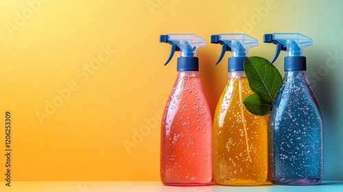 Colorful spray bottles lined up on a gradient background showcasing cleaning ...