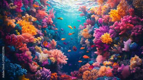 Wallpaper Mural A vibrant underwater scene showcasing a diverse coral reef teeming with colorful fish and marine life, with plenty of light solid color background. Vibrant Reef. Illustration Torontodigital.ca