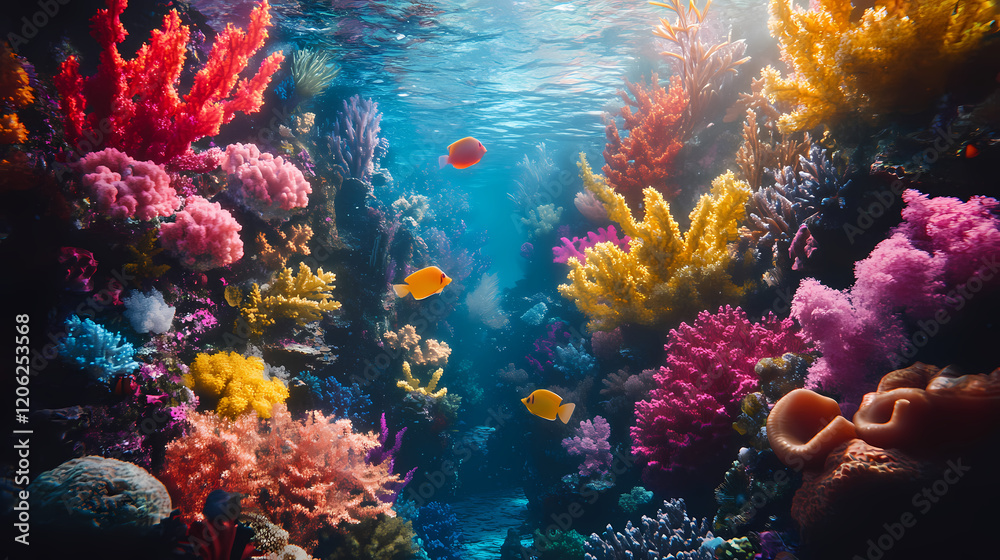 A vibrant underwater scene showcasing a stunning reef barrier filled with colorful corals and diverse marine life. Vibrant Reef. Illustration A vibrant underwater scene showcasing a stunning reef barrier filled with colorful corals and diverse marine life. Vibrant Reef. Illustration