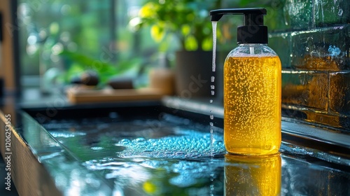 Luxury liquid soap dispenser on wooden countertop with water splashes in a mo...