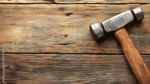 A close-up of a wooden hammer resting on a textured wooden surface, highlighting its rustic charm and craftsmanship, ideal for themes of DIY and construction.