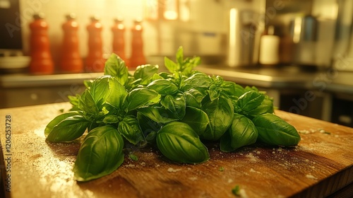 Fresh basil leaves on a wooden cutting board in a kitchen setting