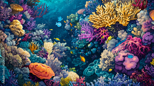 Fototapeta Naklejka Na Ścianę i Meble -  Aerial view of a coral reef system, showcasing vibrant marine life and stunning underwater patterns. Vibrant Reef. Illustration