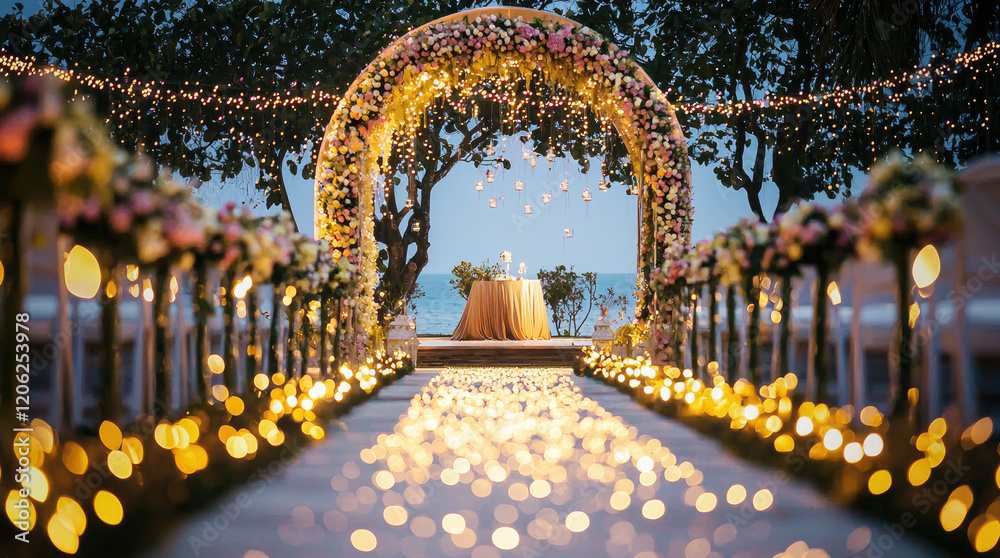 Obraz premium Twinkling Lights Wedding Ceremony: A magical wedding ceremony setup under the canopy of a lush forest, adorned with twinkling fairy lights and elegant drapes.