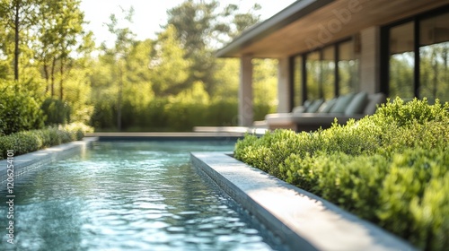 Tranquil swimming pool reflecting sunlight in a serene garden setting during ...